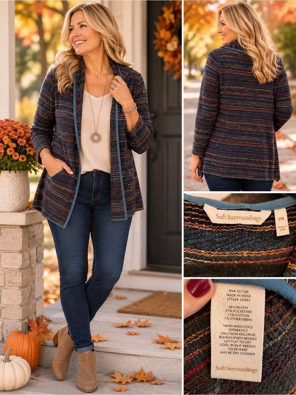 Soft Surroundings Multicolor Textured Open Front Cardigan PM Cozy Stripe Sweater